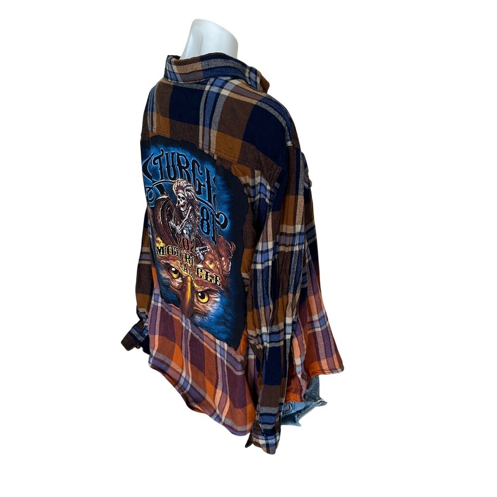 Sturgis Motorcycle Rally Plaid Flannel Shirt 3XL Oversize Skeleton Biker Unique - Picture 3 of 6